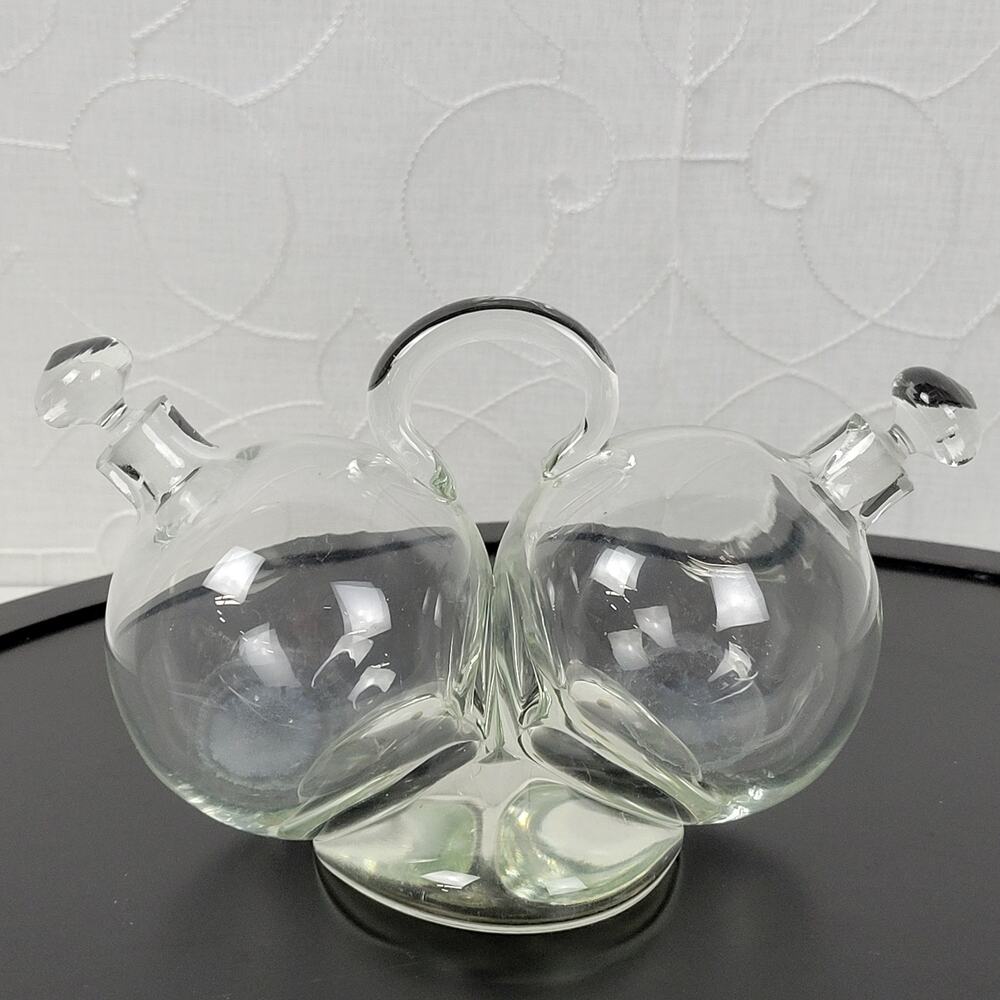 Vintage Oil & Vinegar Cruet Set Clear Czech Hand Blown Glass‎ Table Decor MCM